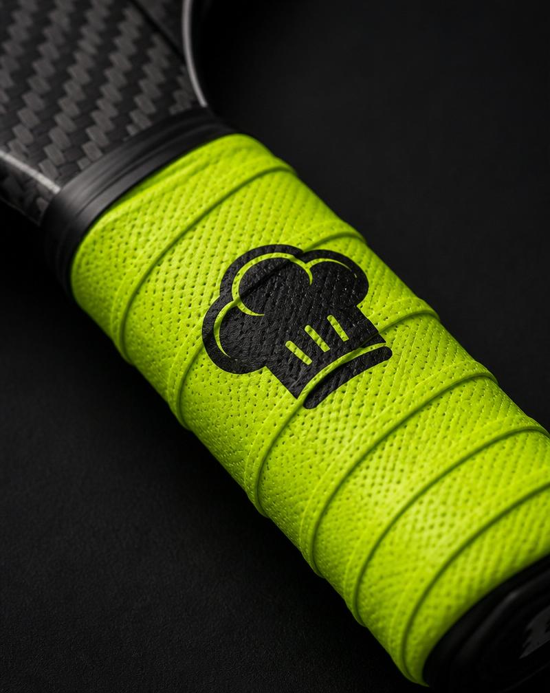 Neon lime Chef overgrip wrapped around a black carbon fiber pickleball paddle handle
